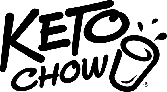 Black KETO CHOW logo on a white background. The text KETO is in bold, rounded uppercase letters, positioned above CHOW which is in a script-like font. The 'W' in CHOW forms a stylized cup shape with three liquid splashes. A registered trademark symbol is present at the bottom right.