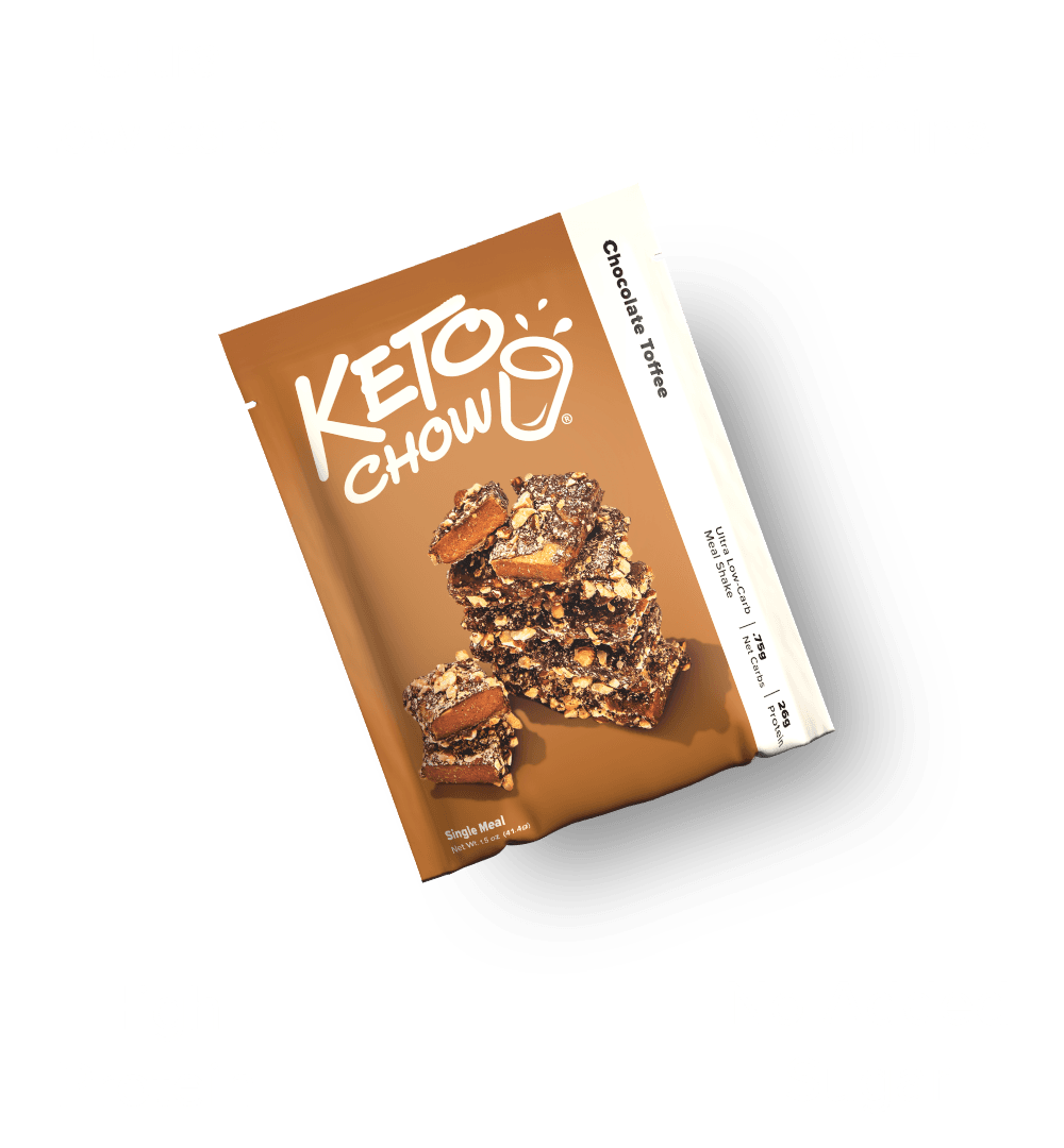 KETO CHOW Chocolate Toffee brown pouch features cup logo, chocolate toffee image. Text: Ultra Low-Carb Meal Shake, .75g Net Carbs, 26g Protein.