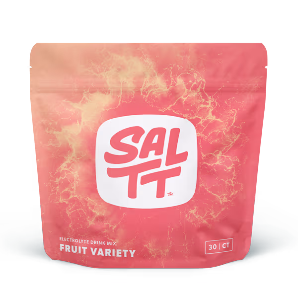 SALTT Electrolyte Drink Mix, five stick packs with ocean splash design: Cocoa Loco, Cherry Chill, Granny Apple, Lemon Lime Twist, Blue Slushies.