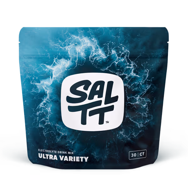 SALTT Electrolyte Drink Mix, five stick packs with ocean splash design: Cocoa Loco, Cherry Chill, Granny Apple, Lemon Lime Twist, Blue Slushies.