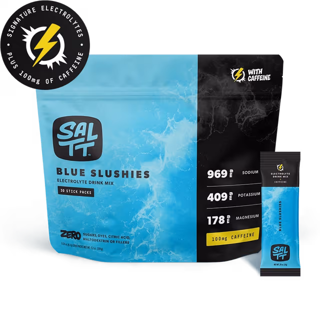 Three SALTT Electrolyte Drink Mix + Caffeine packs: Blue Slushies, Cherry Chill, Zesty Orange. Black packaging with ocean water splash.