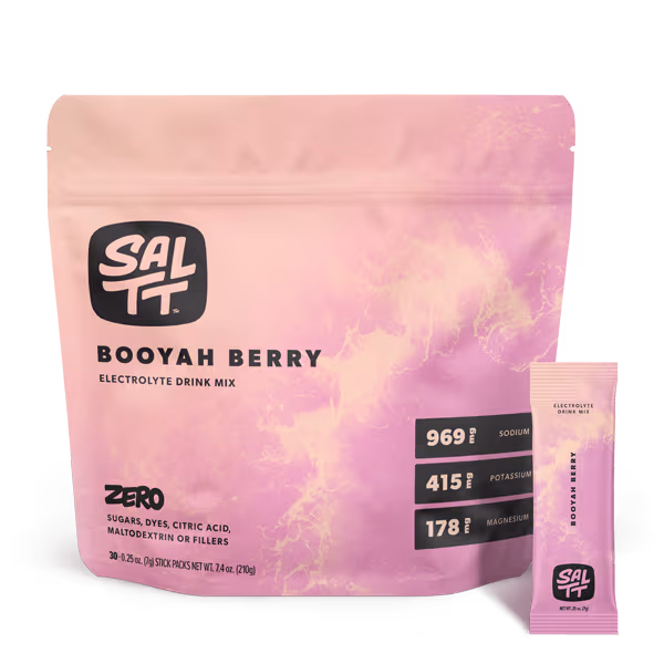 SALTT Electrolyte Drink Mix, five stick packs with ocean splash design: Cocoa Loco, Cherry Chill, Granny Apple, Lemon Lime Twist, Blue Slushies.