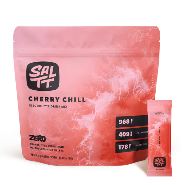 SALTT Electrolyte Drink Mix, five stick packs with ocean splash design: Cocoa Loco, Cherry Chill, Granny Apple, Lemon Lime Twist, Blue Slushies.