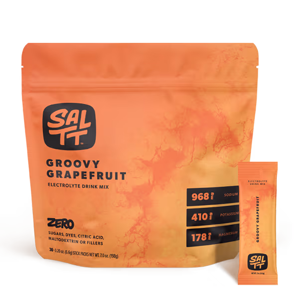 SALTT Electrolyte Drink Mix, five stick packs with ocean splash design: Cocoa Loco, Cherry Chill, Granny Apple, Lemon Lime Twist, Blue Slushies.