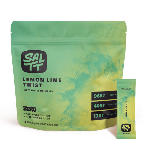 SALTT Electrolyte Drink Mix, five stick packs with ocean splash design: Cocoa Loco, Cherry Chill, Granny Apple, Lemon Lime Twist, Blue Slushies.