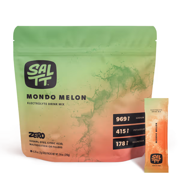 SALTT Electrolyte Drink Mix, five stick packs with ocean splash design: Cocoa Loco, Cherry Chill, Granny Apple, Lemon Lime Twist, Blue Slushies.