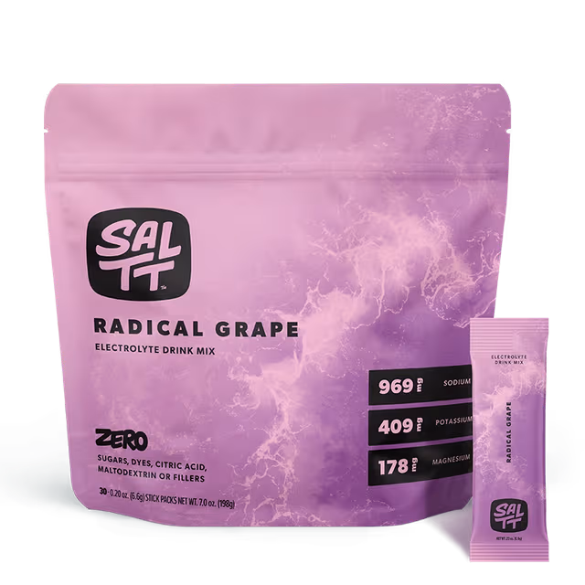 SALTT Electrolyte Drink Mix, five stick packs with ocean splash design: Cocoa Loco, Cherry Chill, Granny Apple, Lemon Lime Twist, Blue Slushies.